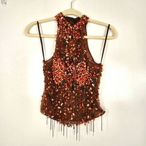 Vintage Heavily Embellished Rust Brown Halter Top Xs/Small‎ Beaded Sequins RARE